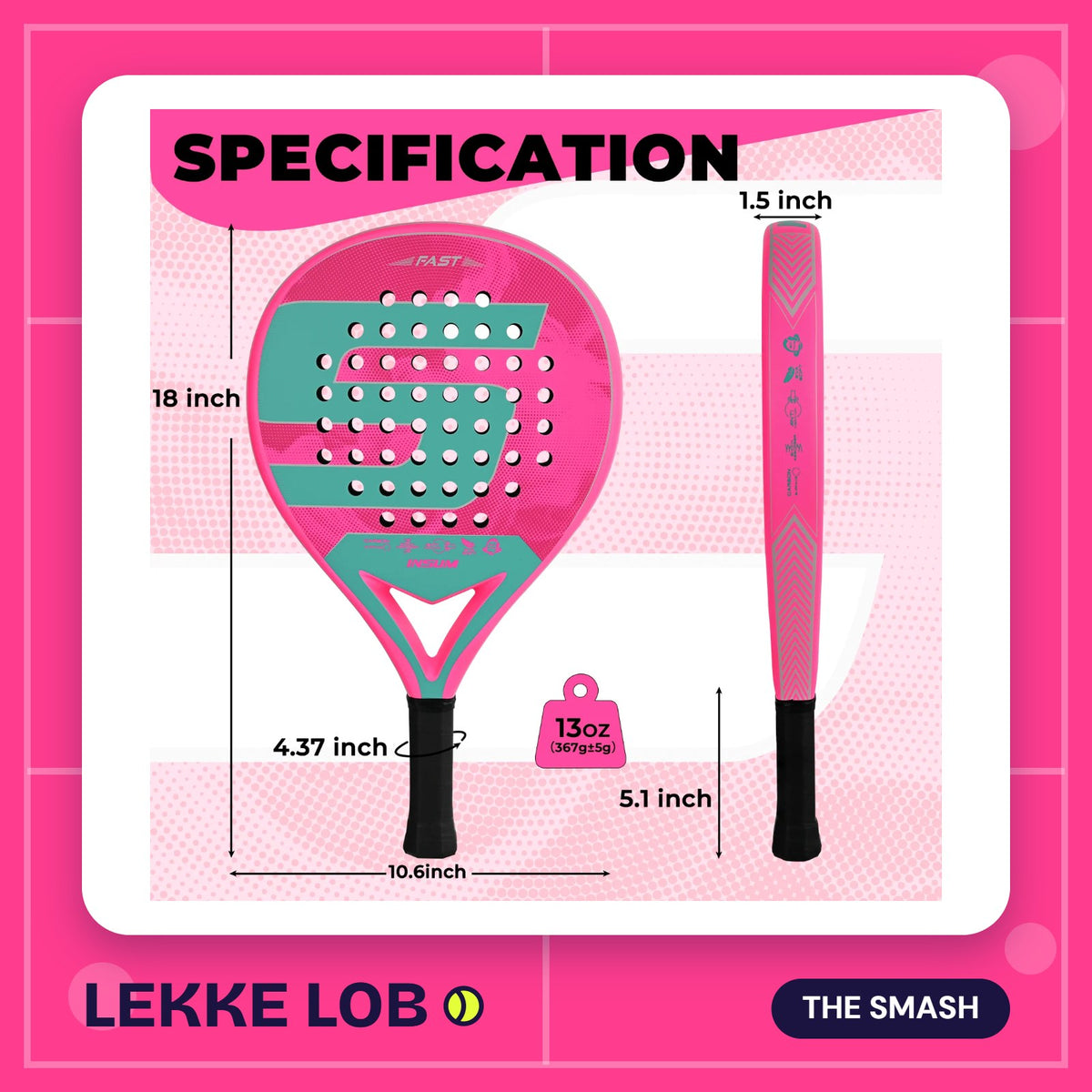 Lekke Lob Starter Padel Racket, pink and teal